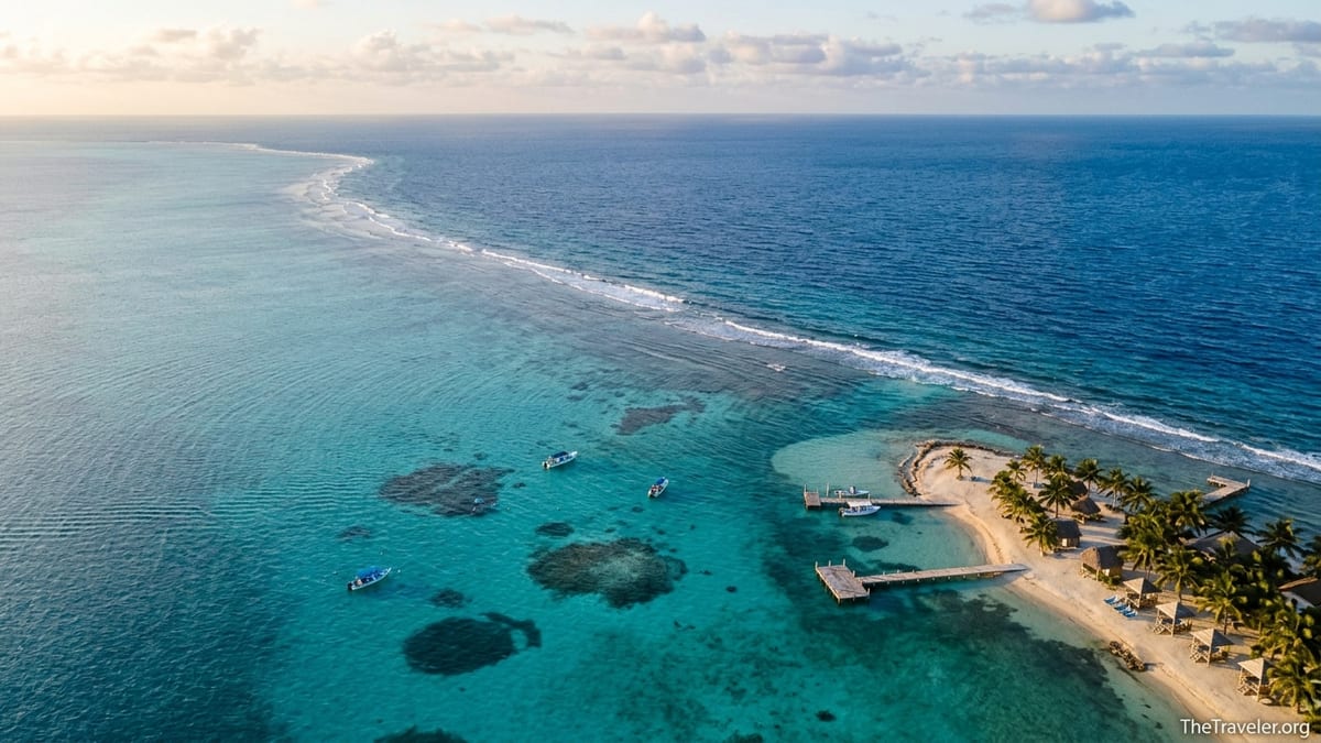 Aerial view of Belize Barrier Reef with turquoise waters, reef crest and small sandy cayes