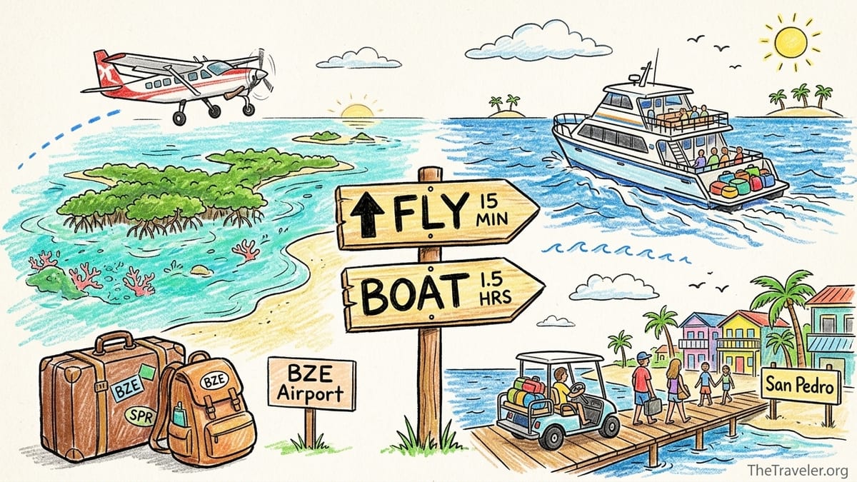 Small plane flying toward Ambergris Caye over turquoise water with a water taxi below