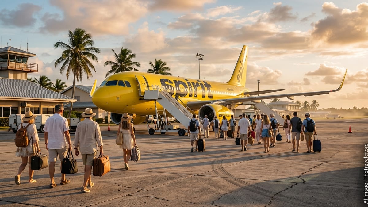 Spirit Airlines jet on the tarmac in Belize with passengers boarding under tropical evening light.