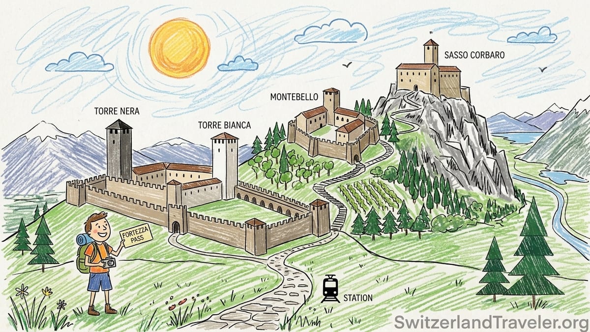 View from Sasso Corbaro Castle over Bellinzona and the lower castles on a clear day.