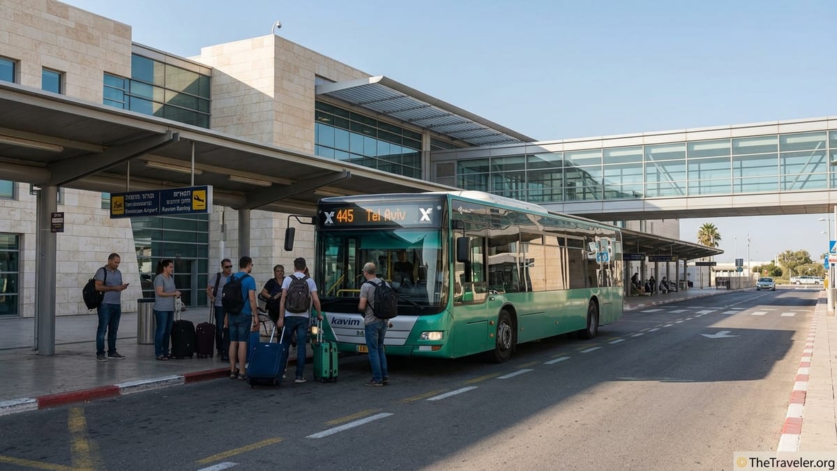 Travelers boarding Kavim Bus 445 outside Ben Gurion Airport Terminal 3 in daylight