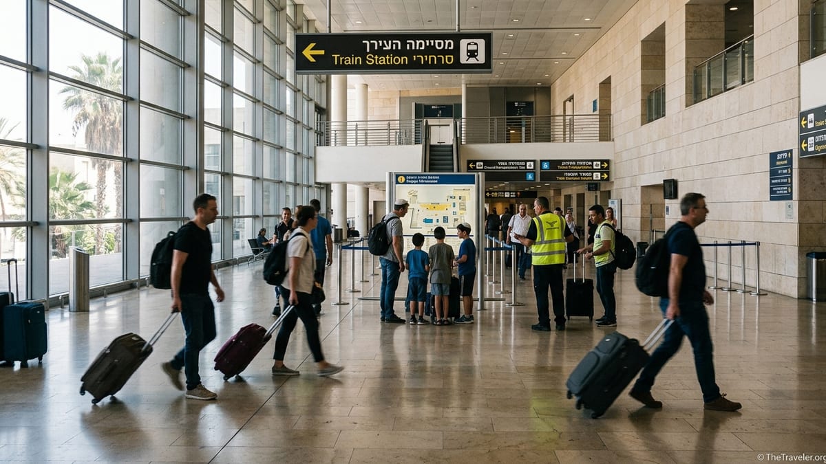 Travelers walk through Ben Gurion Airport arrivals hall toward the train signs in Tel Aviv.