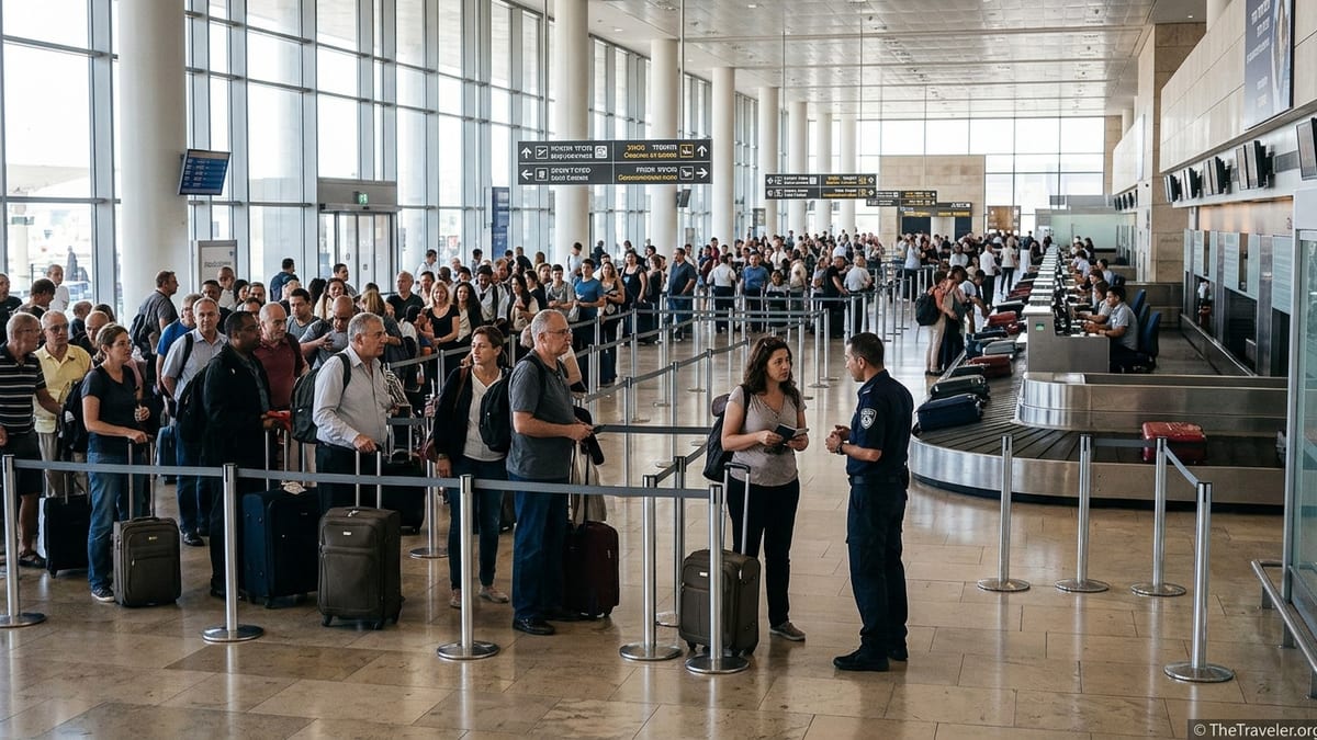 Travelers queue at Ben Gurion Airport security questioning area in Terminal 3 departures hall.