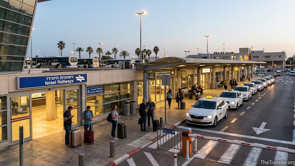 Travelers choosing between train and taxis outside Ben Gurion Airport at dusk.
