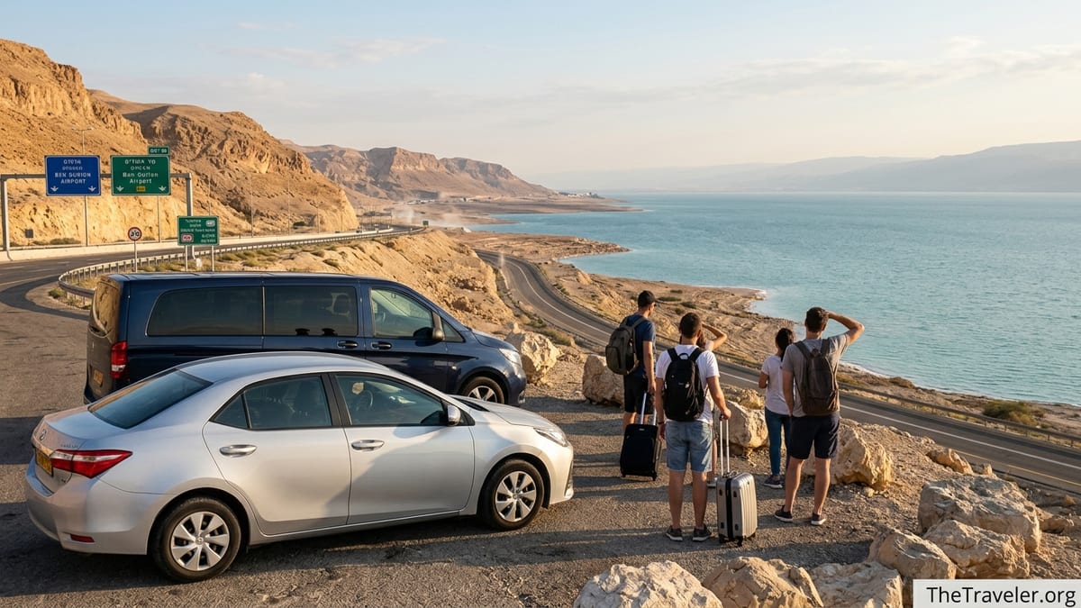 Rental car and van parked above the Dead Sea on Route 90 with travelers looking at the water.
