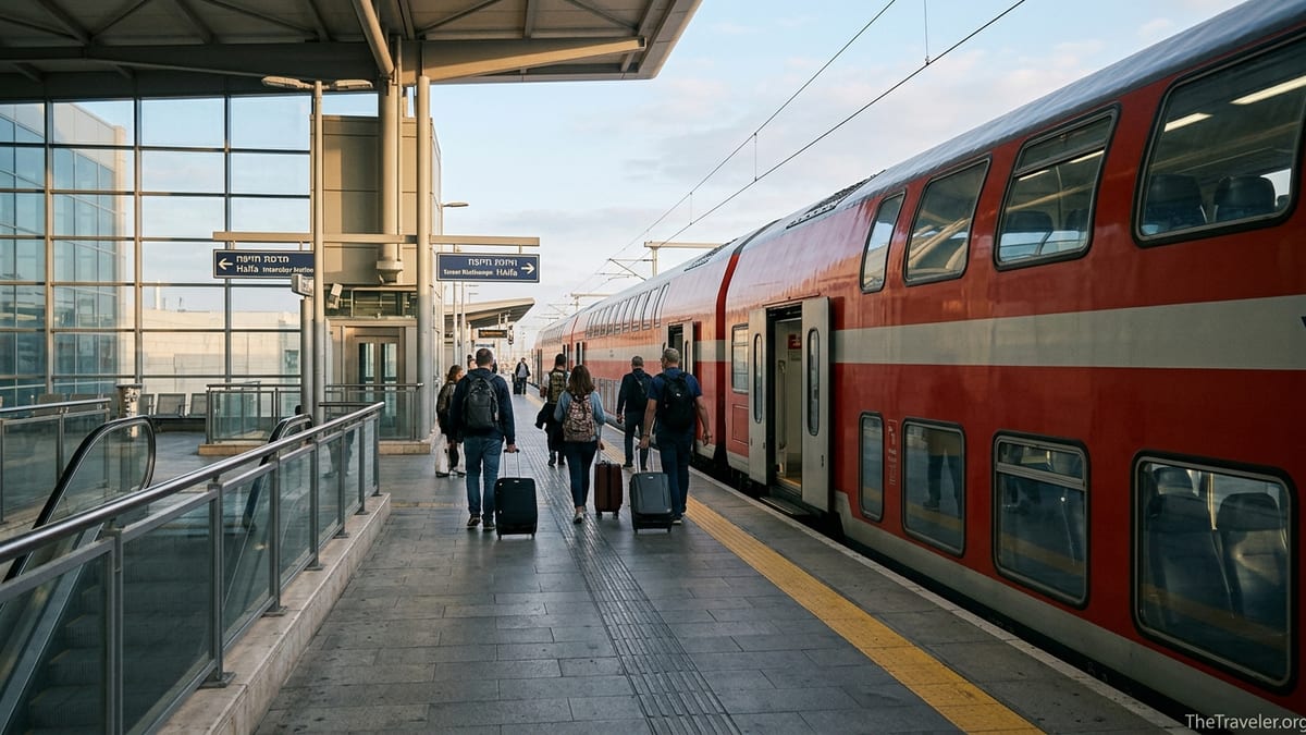 Travelers with luggage boarding a train from Ben Gurion Airport platform at sunrise.
