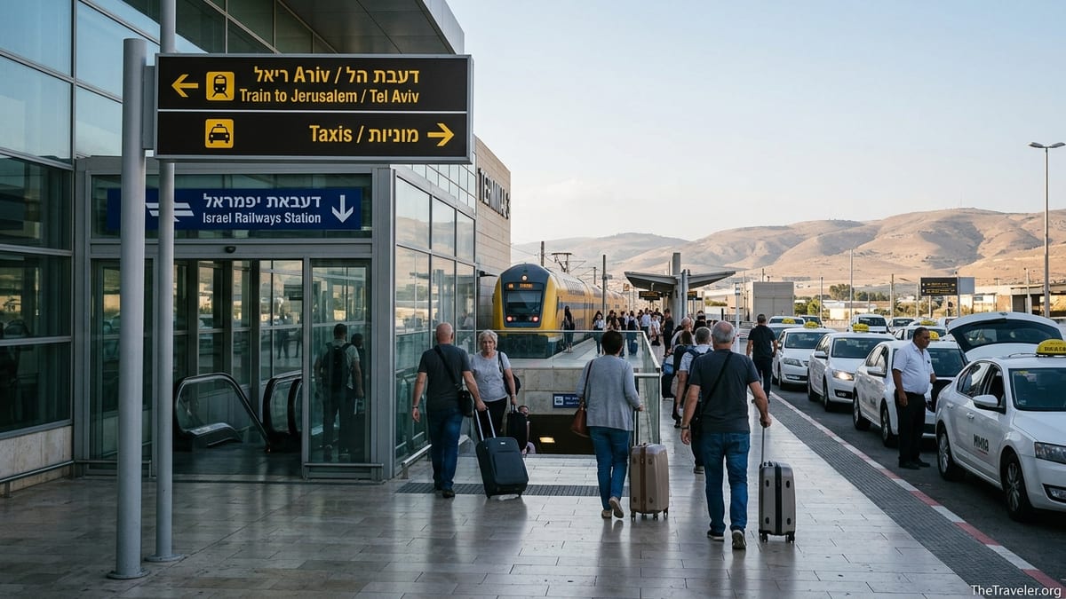 Travelers at Ben Gurion Airport choosing between train and taxi for the trip to Jerusalem.