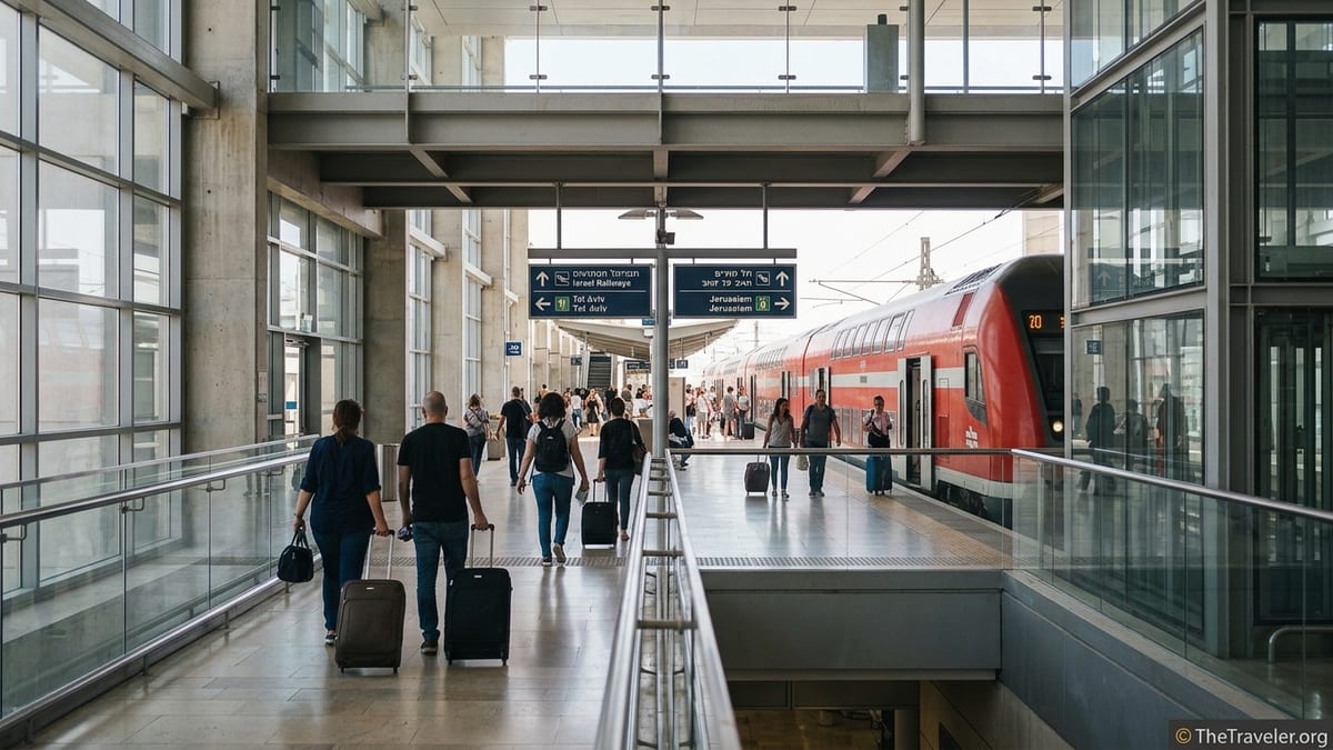 Passengers with luggage boarding a train at Ben Gurion Airport Terminal 3 station.