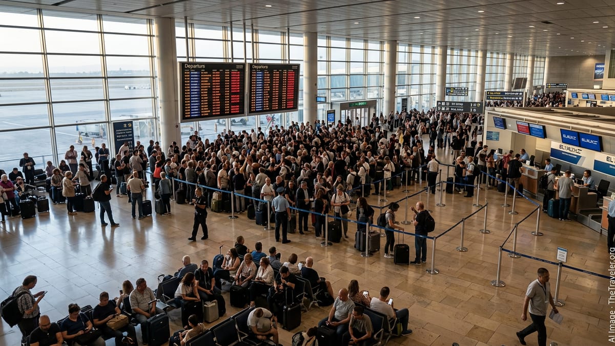 Crowded departure hall at Ben Gurion Airport with passengers stranded amid flight cancellations.
