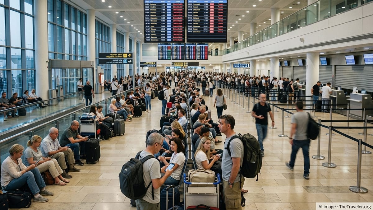 Crowds of stranded travelers inside Ben Gurion Airport watching boards filled with cancelled flights.