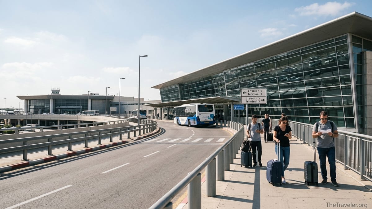 Exterior view of Tel Aviv Ben Gurion Airport with shuttle bus between Terminal 1 and Terminal 3.