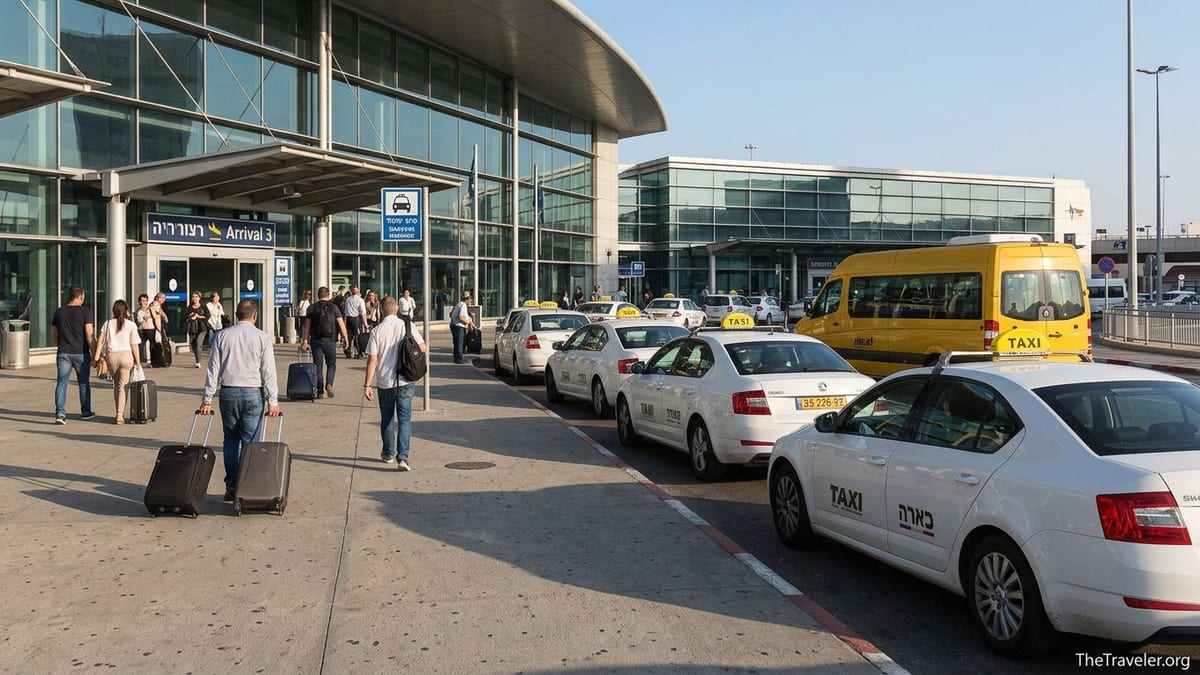 Taxis and a sherut minibus waiting outside Ben Gurion Airport Terminal 3 on a sunny day.