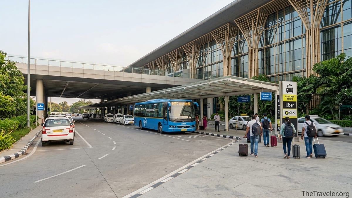 Arrivals area at Bengaluru airport with Vayu Vajra bus, taxis and passengers walking to app-cab pickup.