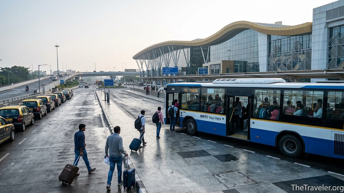 Vayu Vajra airport bus boarding passengers outside Kempegowda International Airport Bengaluru at dawn.