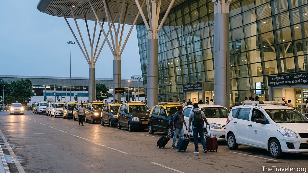 Taxis and travelers outside Kempegowda International Airport Bengaluru in the evening.