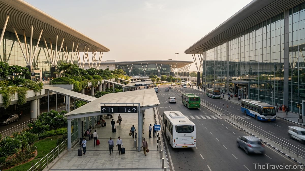 Exterior view of Bengaluru airport showing Terminal 2 gardens and Terminal 1 with shuttle bus and passengers.