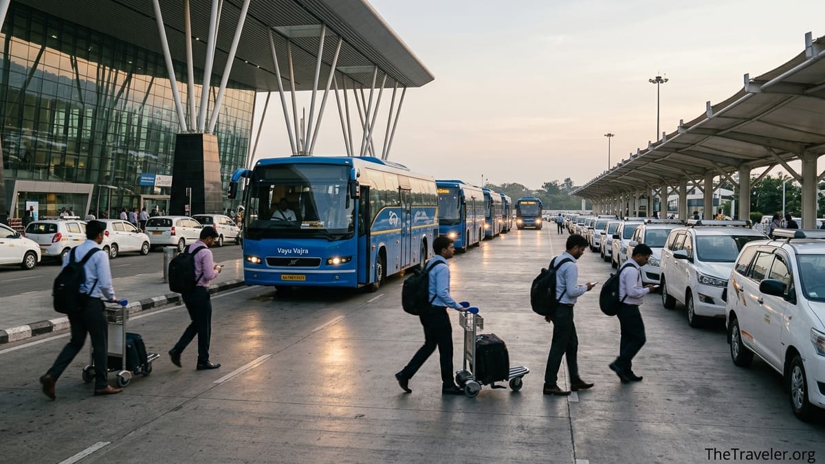 Business travelers boarding airport buses and taxis outside Bengaluru Airport at dawn
