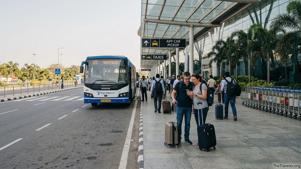 Travellers with luggage choosing between airport bus and cab at Bengaluru airport.
