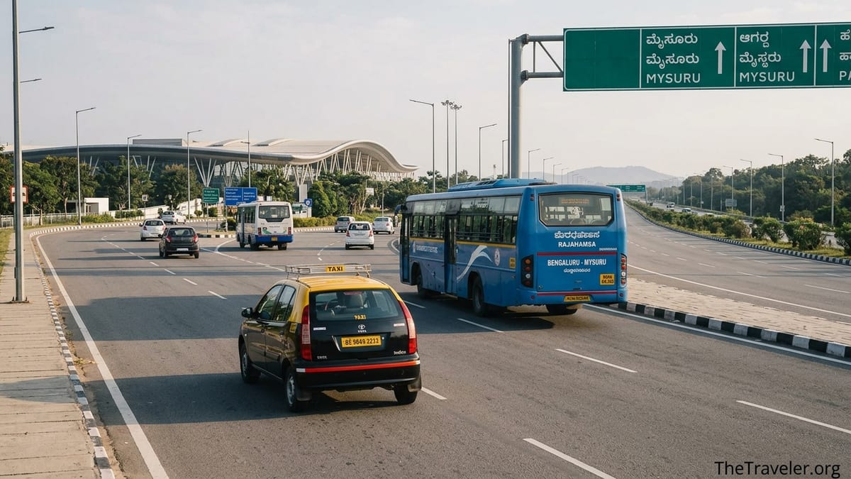 Taxi and bus leaving Bengaluru airport on the highway toward Mysore.