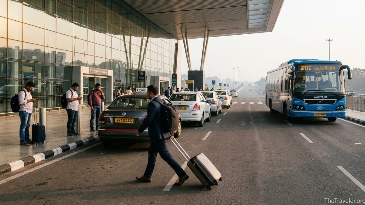 Early morning taxis, ride-hail cars and a Vayu Vajra bus outside Bengaluru airport.