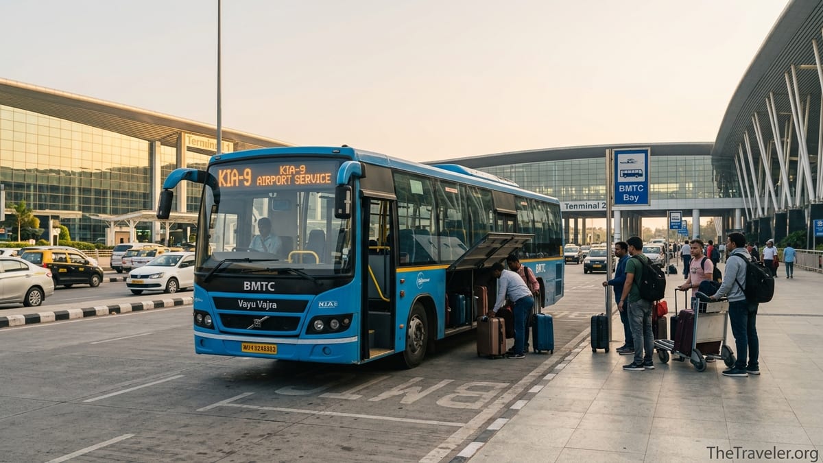 BMTC Vayu Vajra airport bus boarding passengers outside Kempegowda International Airport in Bengaluru at sunrise.