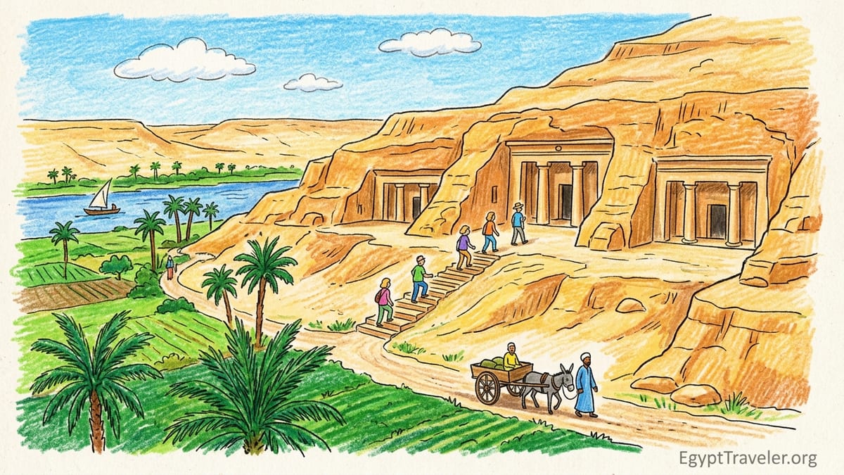 Cliffside Beni Hassan tombs above green Nile fields near Minya in soft morning light.