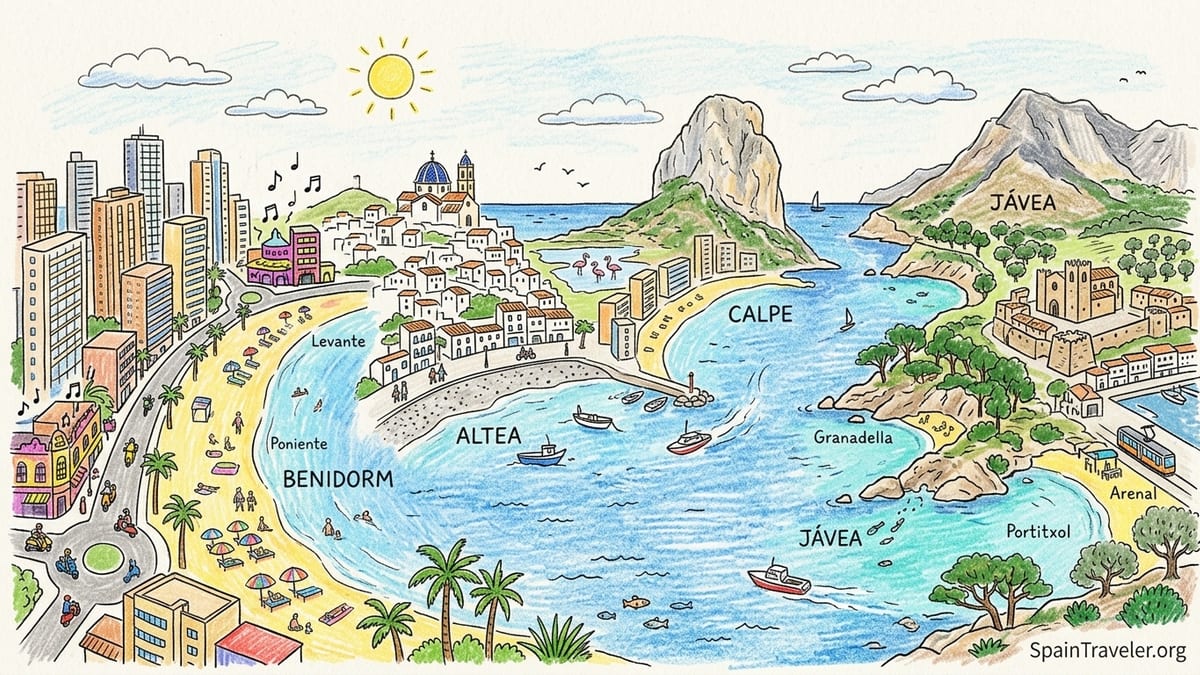 Golden hour view of Spain’s Costa Blanca coast showing Benidorm skyline and Peñón de Ifach near Calpe across calm sea.