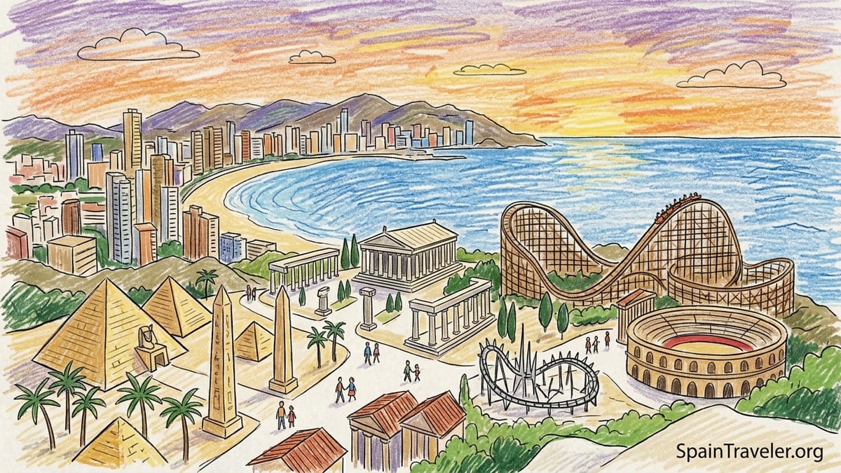 View over Terra Mítica theme park above Benidorm with coasters, themed buildings and the Mediterranean Sea in the distance.