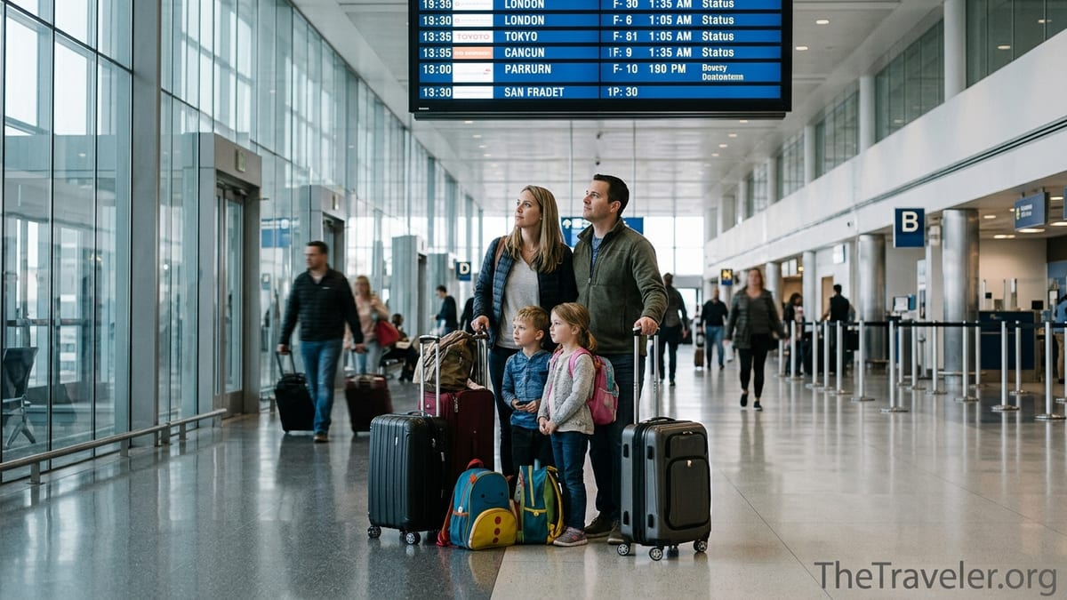 Family with children at an airport gate preparing for an international flight
