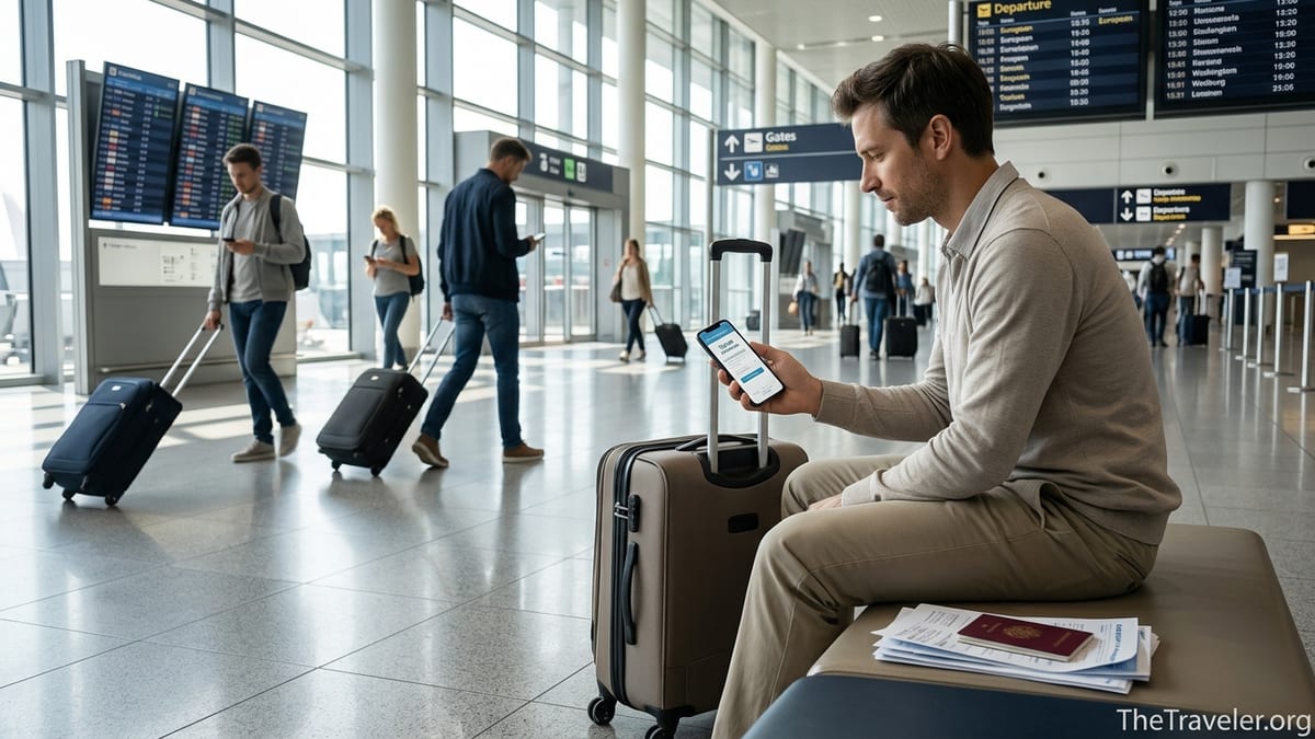 Traveler in airport terminal checking travel insurance on phone beside suitcase.