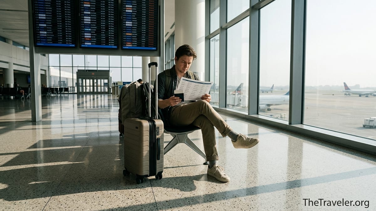Traveler reviewing itinerary in a sunlit airport terminal with delayed flights on the board.