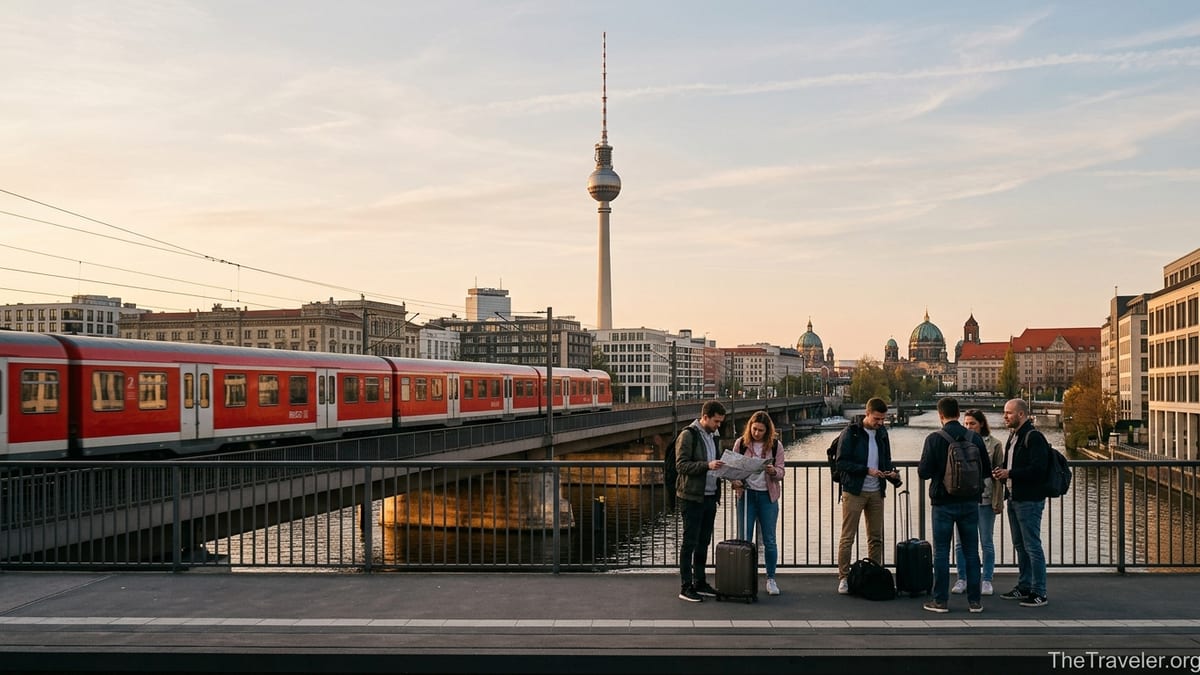 Evening train crossing a bridge into central Berlin with TV tower and skyline.