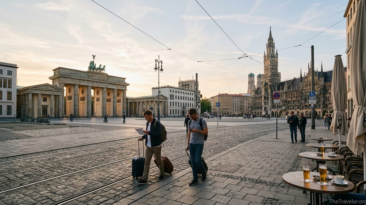 Early evening travelers walking between historic squares in Berlin and Munich city centers.