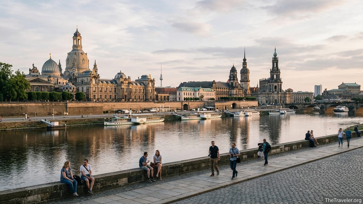 Evening view of Dresden’s Baroque skyline along the Elbe River with travelers on the riverside path.