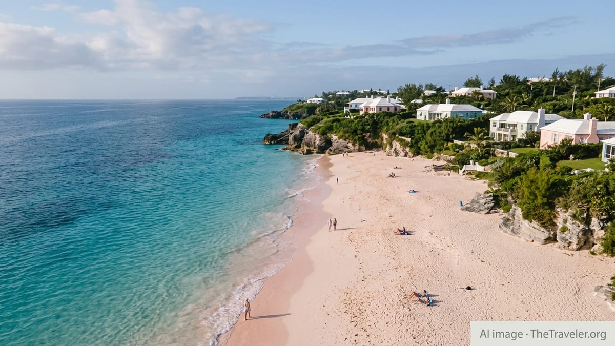 Aerial view of Bermuda pink-sand beach with turquoise water and pastel houses on low cliffs.