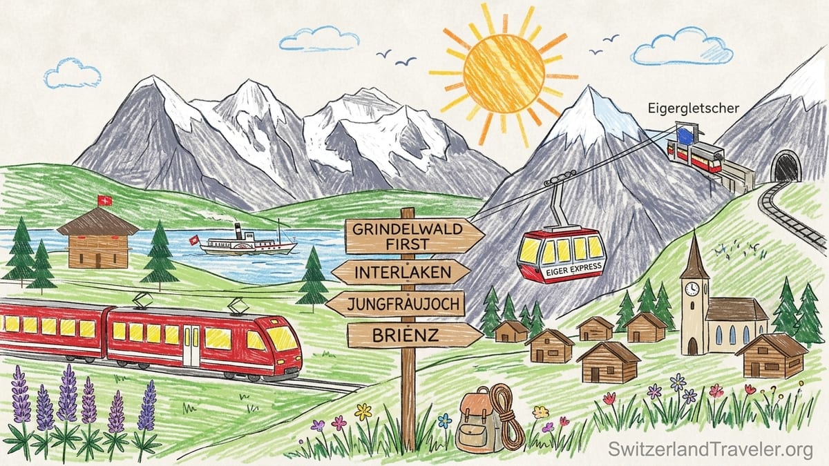 Panoramic view over Interlaken with lakes Thun and Brienz and Jungfrau peaks in summer