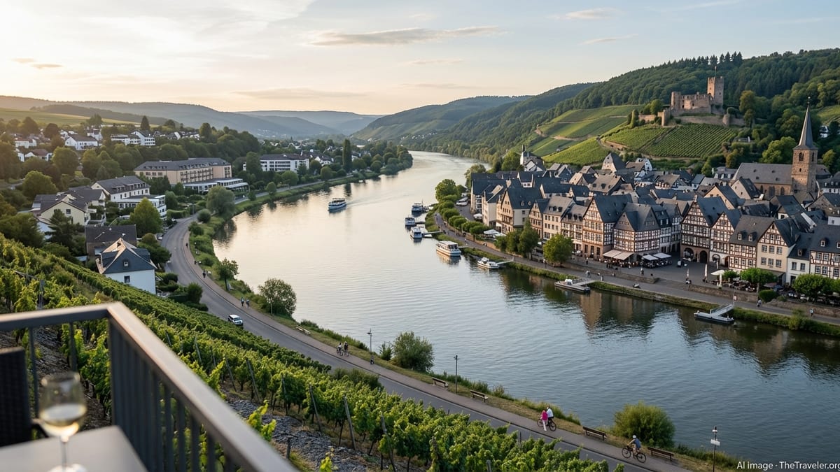 Overlooking view of Bernkastel-Kues along the Moselle River at dusk.