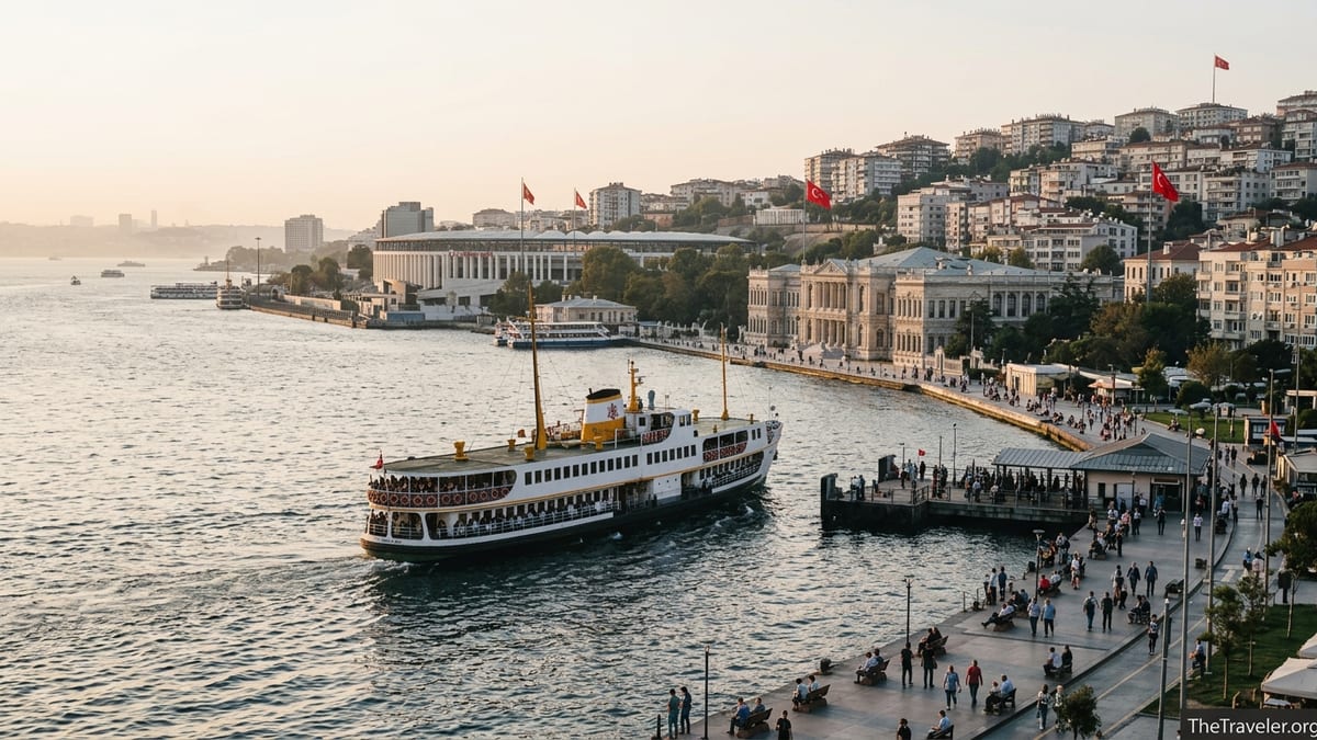 Beşiktaş waterfront with ferry, Dolmabahçe and hillside buildings on the Bosphorus.