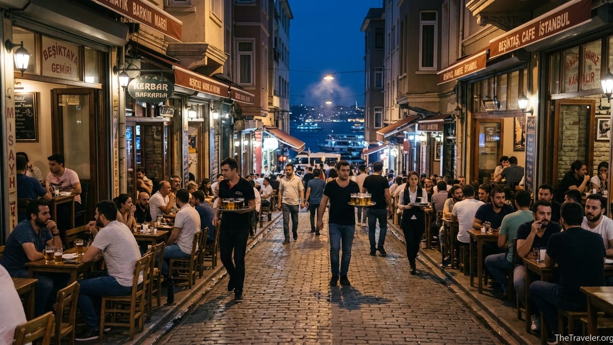 Busy evening bar street in Beşiktaş, Istanbul, filled with people at outdoor tables under warm lights.