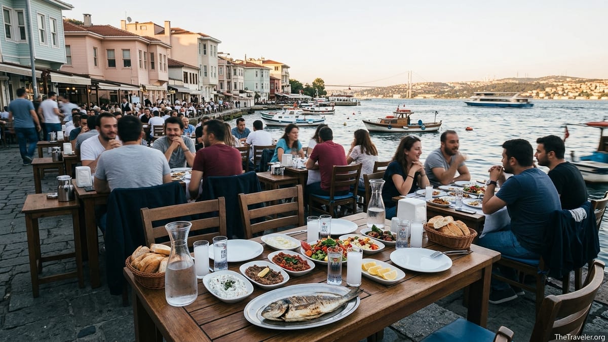 Outdoor restaurant terrace in Beşiktaş with meze and grilled fish overlooking the Bosphorus at sunset.