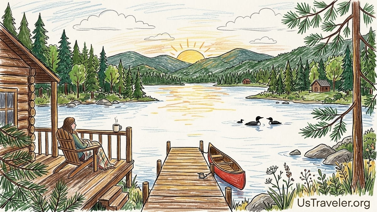 Sunrise over an Adirondack lakefront cabin with a dock, canoe, kayak, and mist on calm water.