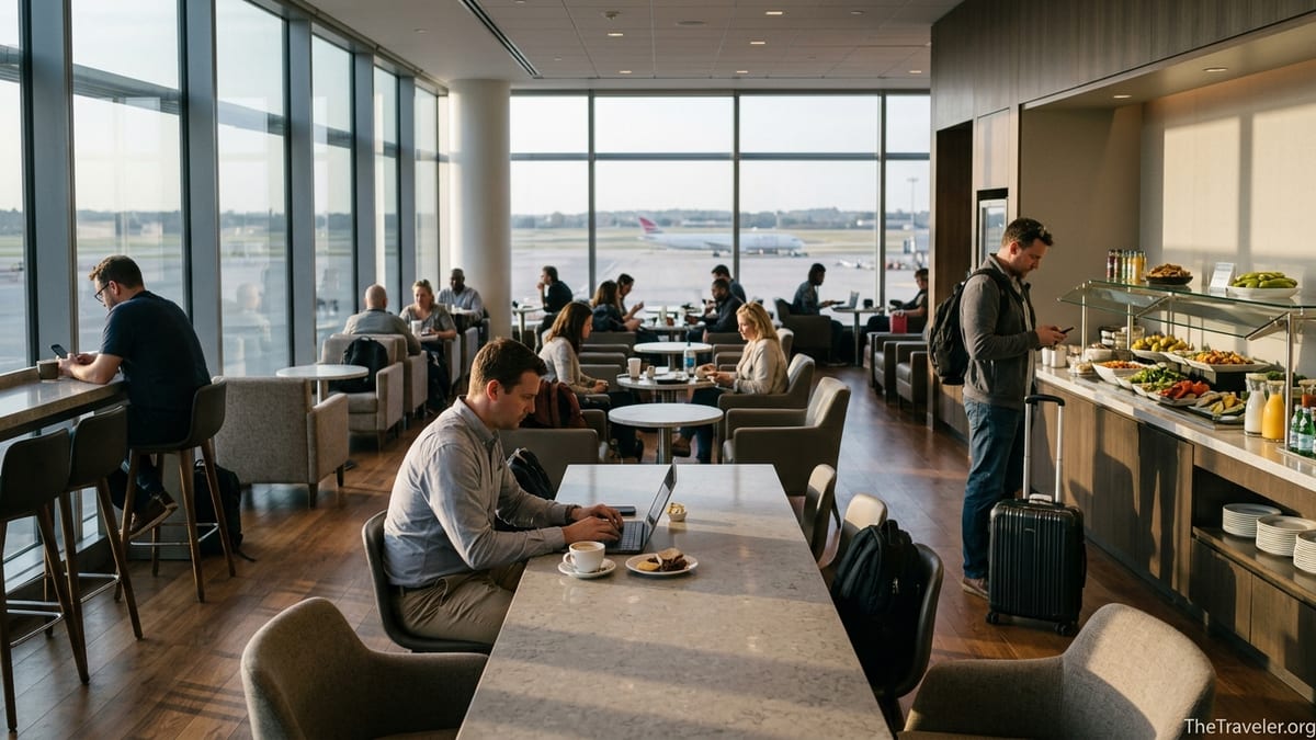 Travelers relaxing and working in a bright modern airport lounge with tarmac views.