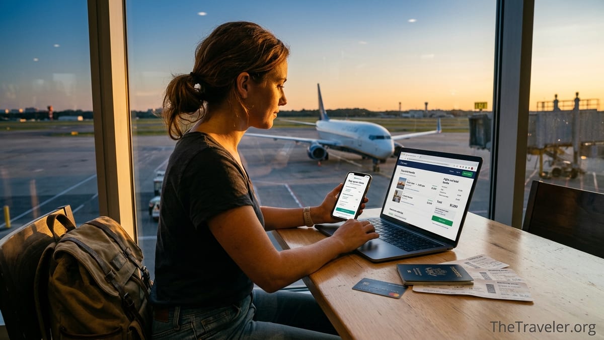 Traveler comparing flexible pay-over-time options while booking a trip at an airport café.