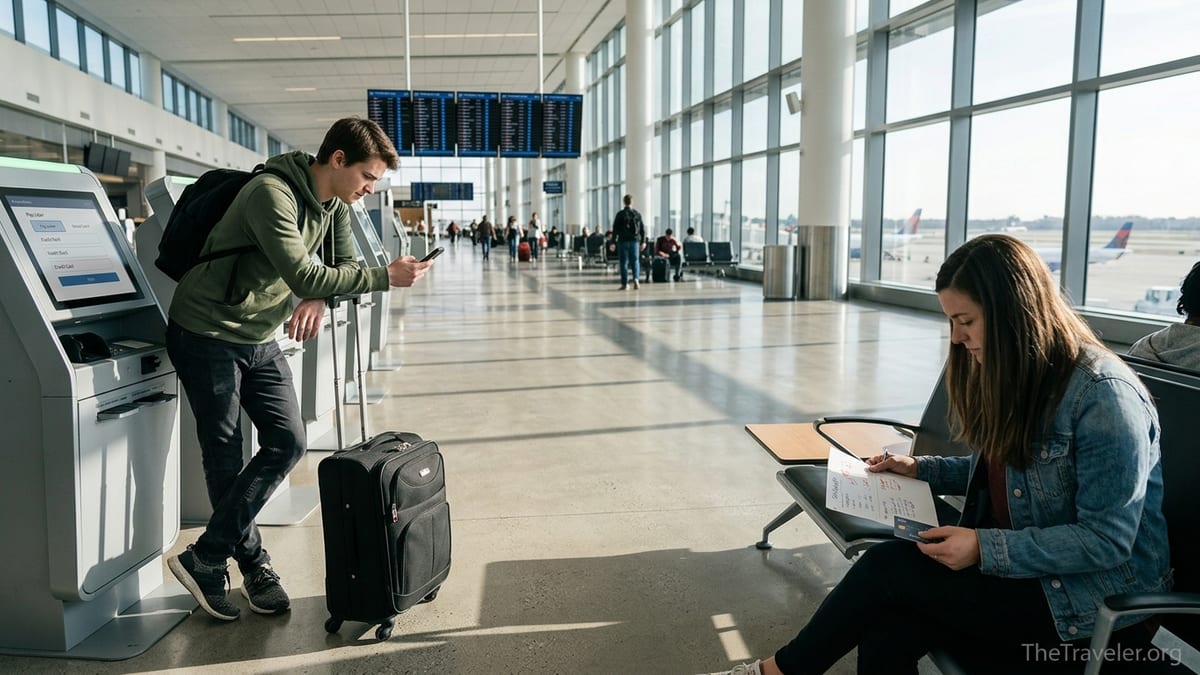 Travelers in a bright airport comparing payment options at a kiosk before a flight