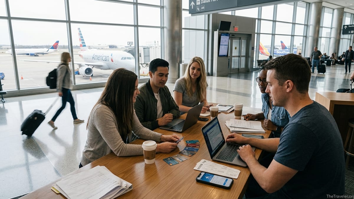 Travelers at an airport table comparing airline credit cards with planes at the gate.
