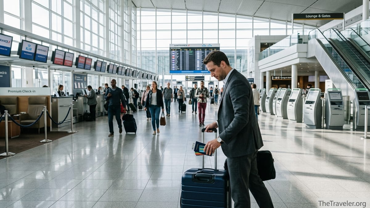Traveler holding credit cards at airport check in area with airline counters in background.