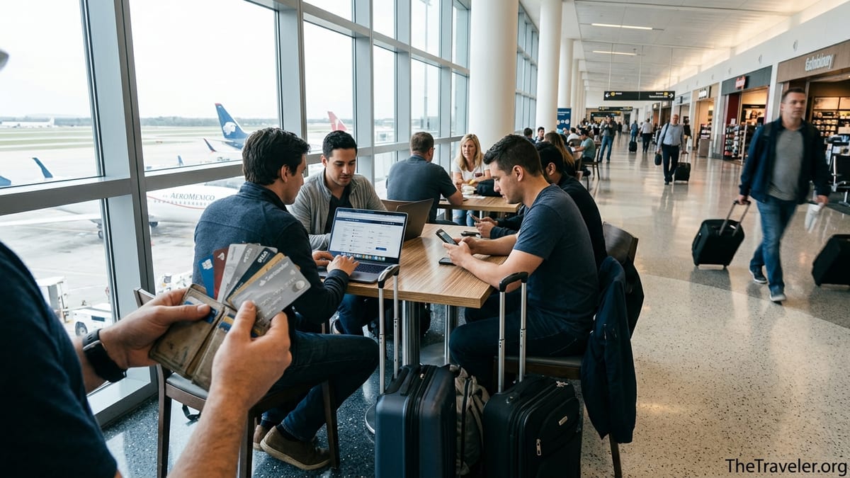 Travelers at an airport café comparing airline credit cards with planes visible outside large windows.