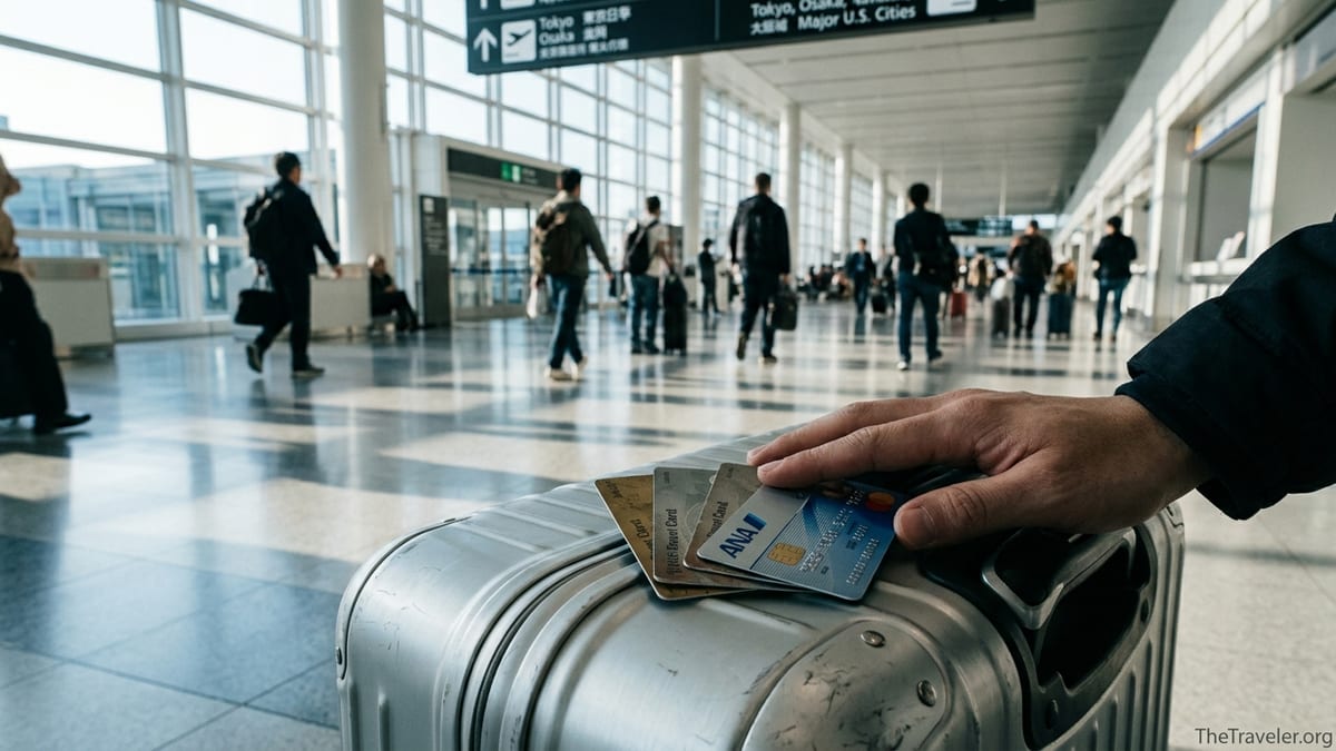 Traveler at airport with ANA and U.S. airline credit cards on carry-on suitcase.