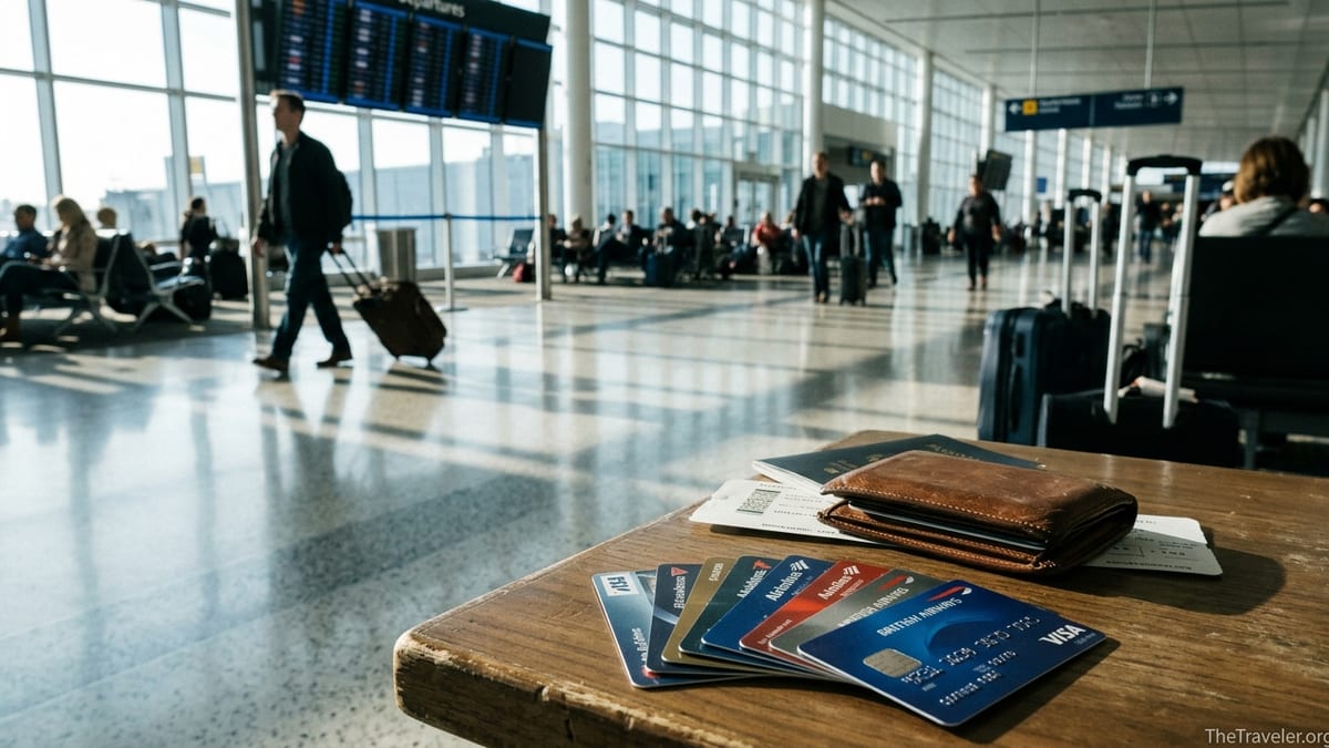Assorted airline credit cards on a wallet in a busy airport terminal.