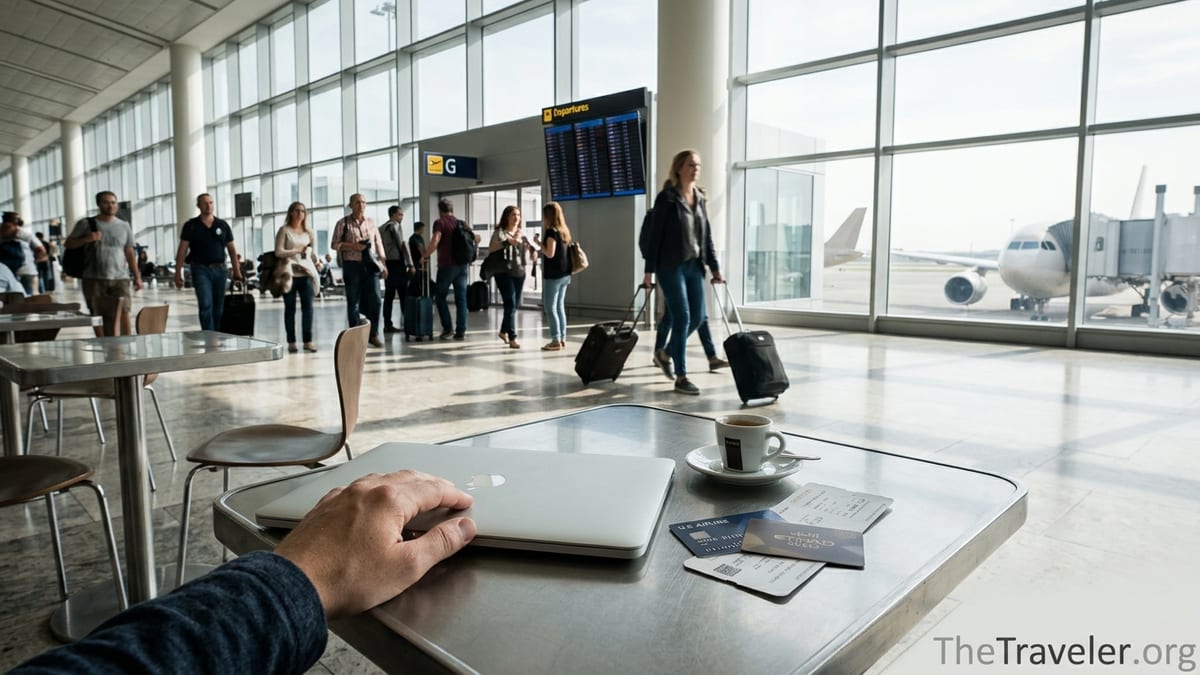 Traveler comparing airline credit cards at an airport café with planes visible outside.